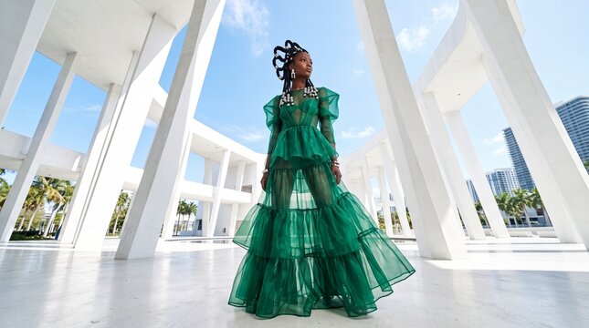 Elegant Woman in Green Gown at Modern Architecture