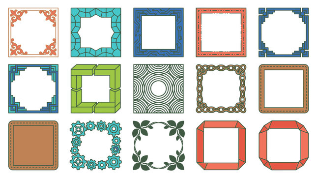Set di cornici decorative quadrate in vari stili grafici, inclusi motivi geometrici, floreali, minimalisti e vintage, ideali per design di inviti, biglietti di auguri e progetti creativi.