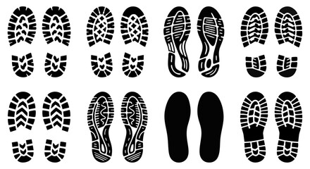 Boot Shoe Print Footprint Silhouette Collection – Hiking, Work, Military and Sneaker Sole Tread Marks Vector Set Isolated on White © Amanda