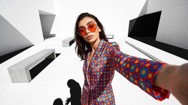 Confident Woman in Colorful Pattern Jacket with Orange Sunglasses