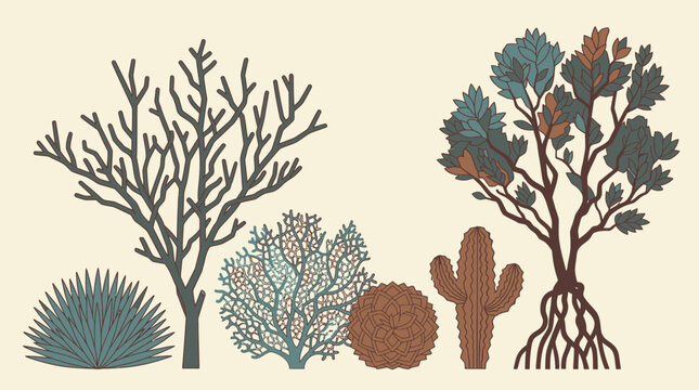 Illustrazione vettoriale piatta di un set di piante del deserto e arbusti selvatici, inclusi cactus, alberi spogli e vegetazione succulenta su sfondo color crema per design botanici.