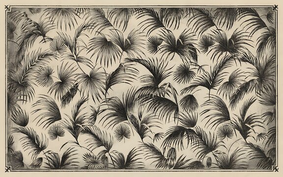 Vintage botanical illustration of palm fronds and tropical leaves pattern