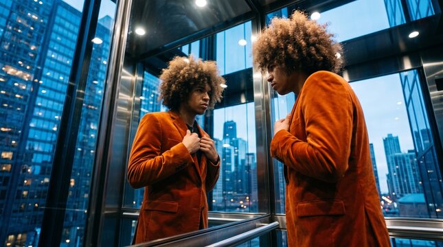 Woman Examining Reflection in Mirror High-Rise Urban Setting