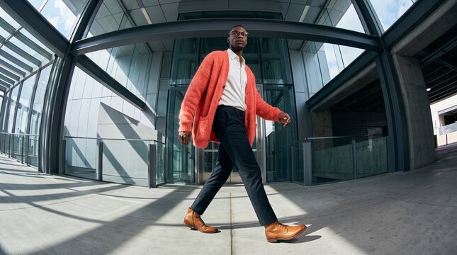 Confident Man Walking in Modern Urban Architecture