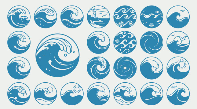 Set di icone vettoriali circolari con onde marine stilizzate, correnti oceaniche, faro e elementi marini in stile grafico blu su sfondo chiaro per design nautico e web