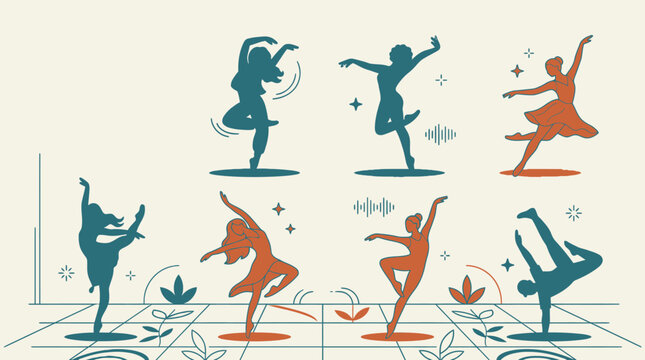 Set di illustrazioni vettoriali piatte raffiguranti silhouette di ballerine in diverse pose dinamiche ed eleganti su uno sfondo color crema con elementi grafici decorativi minimalisti.