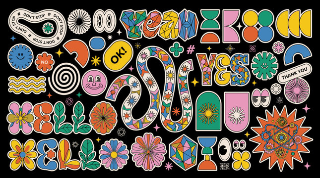 Set di adesivi colorati in stile retr&ograve; anni '70 con motivi floreali, forme geometriche, scritte positive e icone divertenti su sfondo nero, ideale per decorazioni grafiche e design creativo.