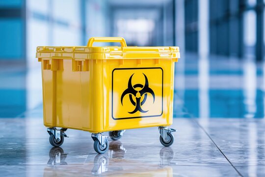 Yellow wheeled plastic medical waste container with black biohazard symbol standing on tiled floor in hospital corridor shows clinical hazardous waste management