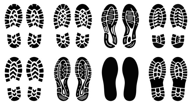 Boot Shoe Print Footprint Silhouette Collection &ndash; Hiking, Work, Military and Sneaker Sole Tread Marks Vector Set Isolated on White