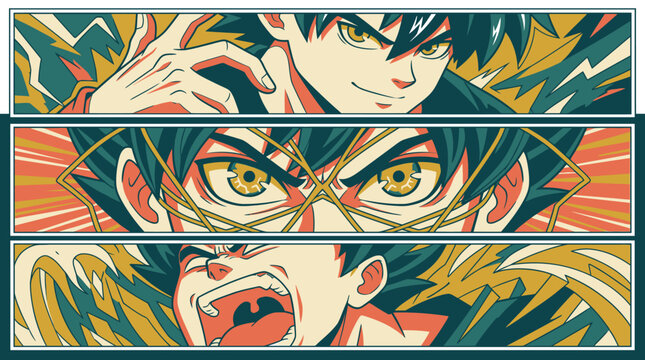 Illustrazione in stile manga che mostra un guerriero anime con espressioni intense e dinamiche in tre pannelli orizzontali, caratterizzata da colori vivaci e linee d'azione energiche.