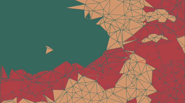 Sfondo astratto con pattern geometrico poligonale composto da triangoli colorati in tonalit&agrave; beige, rosso scuro e verde petrolio, ideale per design moderno e creativo.