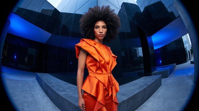 Woman in Orange Dress in Modern Urban Architecture
