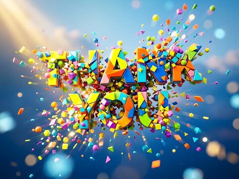 Colorful thank you text explosion with vibrant geometric shapes and confetti bursting around it