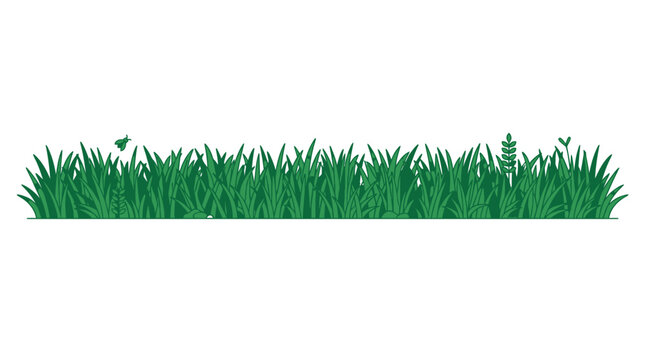 Płaska ilustracja wektorowa zielonej trawy z drobnymi polnymi kwiatami na białym tle, idealna jako element dekoracyjny do projekt&oacute;w graficznych związanych z naturą i ekologią.