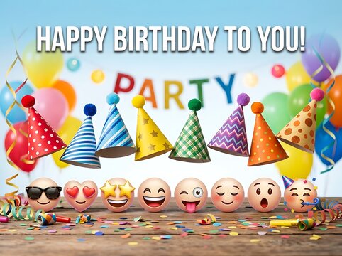 Colorful birthday party celebration with hats balloons and fun emoji faces on table