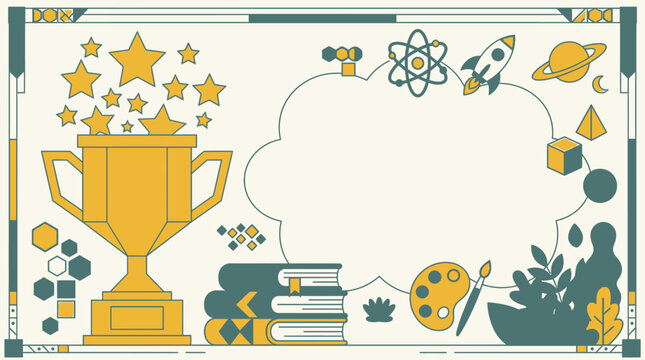 Illustrazione vettoriale piatta con trofeo, libri, icone scientifiche e artistiche su sfondo color crema con spazio per il testo, ideale per certificati di premiazione o design educativo.