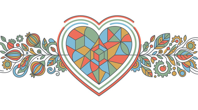 Illustrazione vettoriale di un cuore geometrico decorato con motivi floreali e foglie in stile folk art colorato, perfetto per biglietti di auguri, inviti di nozze o design romantici.