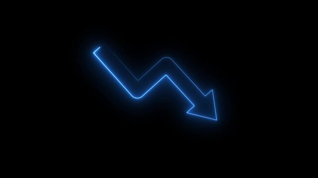 Neon Down business graph icon. downward arrow 4k animation. down trend concept, down arrow graph neon stock frame loop. down business symbol concept 4k