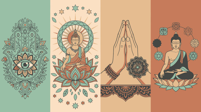 Set di illustrazioni vettoriali in stile etnico con simboli spirituali, tra cui la mano di Hamsa, Buddha in meditazione su un fiore di loto, mani giunte in preghiera e icone dei chakra.