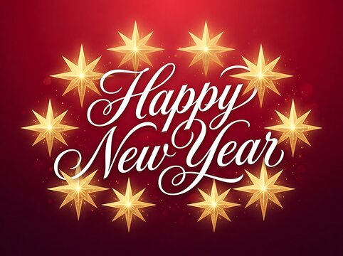 Beautiful happy new year greeting card with golden stars and elegant typography design