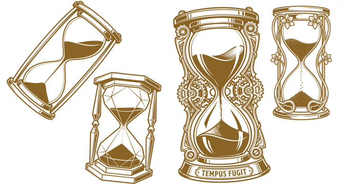 Antique hourglasses with golden sand flowing during concept of time passing vector illustration