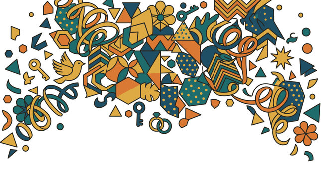 Illustrazione vettoriale decorativa con motivi geometrici astratti, icone di uccelli, chiavi e fiori in una composizione artistica colorata su sfondo bianco per design creativi