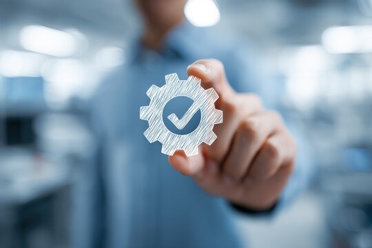 Process optimization and quality control concept with hand pointing to gear and checkmark icon