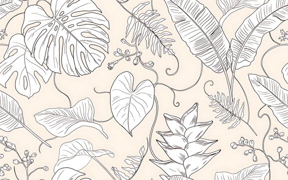 Seamless pattern with tropical leaves and exotic flowers