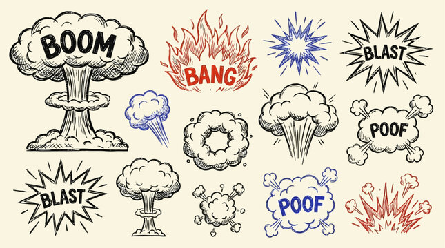 Collection of various cartoon explosion effects featuring bomb detonations fire clouds dynamic burst elements boom blast graphics bang smoke trail icons and comic style impact illustrations.