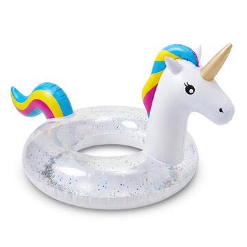 Colorful Inflatable Ride-On Unicorn Swimming Pool Float Isolated on White. Side View of Vinyl Beach Float. Ring Base Filled with Sparkling Glitter Water Donut. Circular Toroid-Shaped Baby Swim Ring