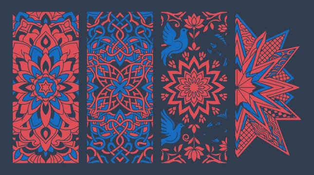 Set di quattro pannelli decorativi con motivi mandala geometrici, intrecci floreali, colombe stilizzate e stelle a punta in stile etnico su sfondo blu scuro per design grafico.