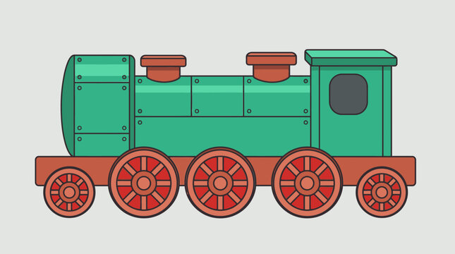 Illustrazione vettoriale piatta di una locomotiva a vapore vintage colorata con ruote rosse e corpo verde, isolata su uno sfondo grigio chiaro per progetti di design grafico e infografica.