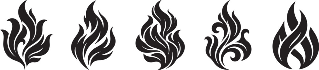 The set flame illustration depicts five stylized flame designs in a row on a white background. © Crushin