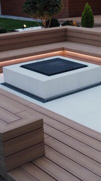 Vertical video. Outdoor fireplace with wooden bench in a cozy patio beside a modern home at dusk.