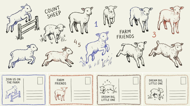 Playful Lamb Jumping and Running Hand Drawn Vector Illustration of Energetic Young Sheep Bouncing Freely