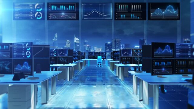 Technology data center, a futuristic control room filled with rows of desks and glowing blue screens displaying data visualizations, charts, and world maps. People are monitoring the information.
