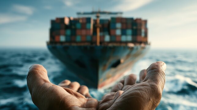 Container transport marine commerce worldwide distribution concept close up fleet management international logistics selective focus surreal Manipulation busy shipping channel backdrop.