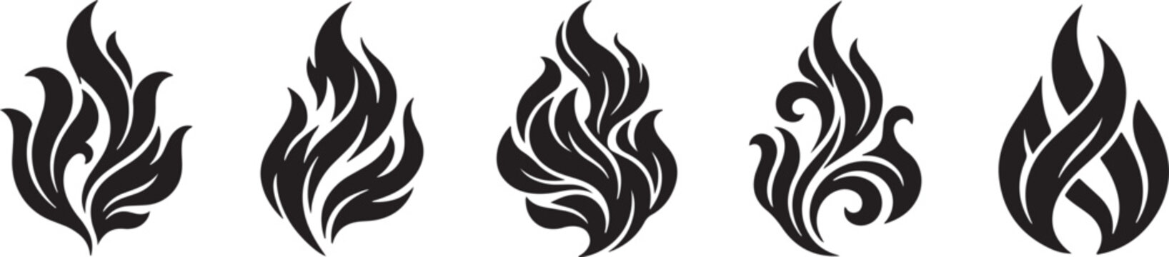 The set flame illustration depicts five stylized flame designs in a row on a white background.