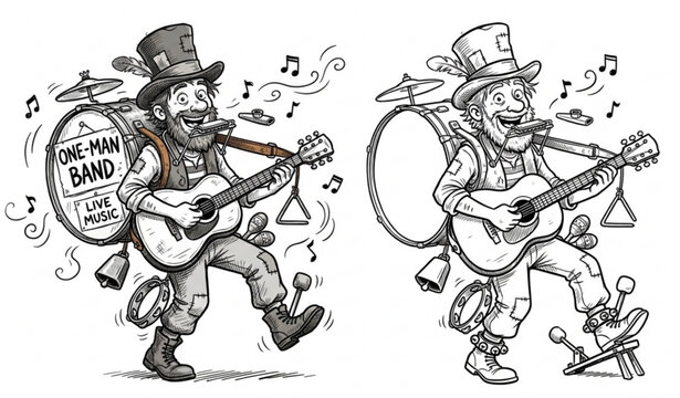 Hand Drawn Cartoon One Man Band Multi Instrument Musician Vector Illustration