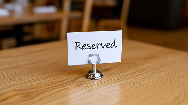 A crisp, white 'Reserved' sign prominently displayed on a polished wooden table in a cafe or restaurant setting, ready for guests