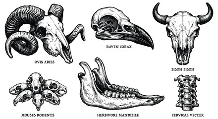 Fototapeta premium Assorted Animal Skulls and Vertebrae in a Monochrome Vector Illustration Style