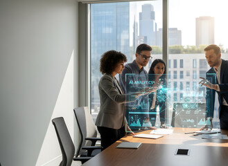 Fototapeta premium Business Team Using AI Analytics Dashboard in Modern Office Meeting for Data Analysis and Digital Transformation