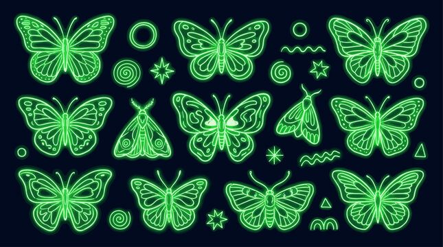 Artistic Hand Drawn Abstract Composition Featuring Vibrant Green Neon Phosphorus Butterfly and Moth Silhouettes with Modern Minimalist Graphic Shapes