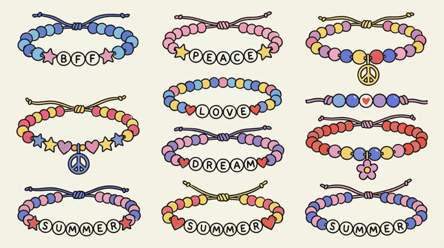 Vibrant multicolored plastic bead bracelet and handcrafted friendship band collection in a nostalgic funky retro style, showcasing diverse textures and bright patterns for a youthful appearance.