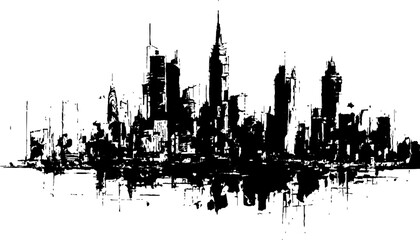 Obraz premium Black and white grunge city skyline panorama with sketchy skyscrapers and abstract water reflection vector illustration.