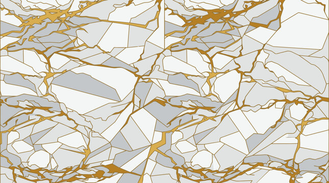 Sfondo astratto con motivo geometrico a mosaico composto da forme irregolari bianche e grigie delimitate da eleganti venature color oro per un design moderno e lussuoso.