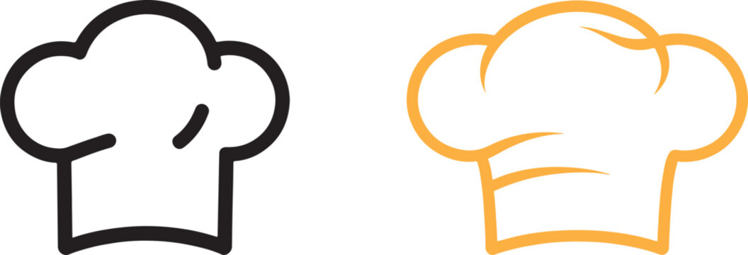 Chef hat vector icons in black and orange outline style for restaurant and cooking logo design