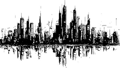 Fototapeta premium Abstract black and white city skyline silhouette with water reflection and distressed grunge urban background vector illustration.