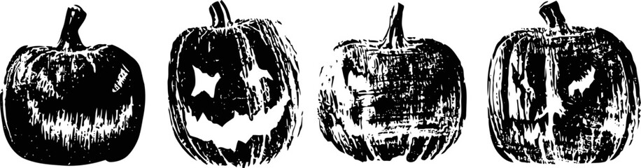 Obraz premium Vintage halloween pumpkin illustrations with carved faces in engraved woodcut