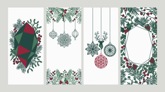 Set di quattro banner verticali natalizi con illustrazioni disegnate a mano di decorazioni, rami di pino, bacche rosse e cornici geometriche eleganti su sfondo bianco